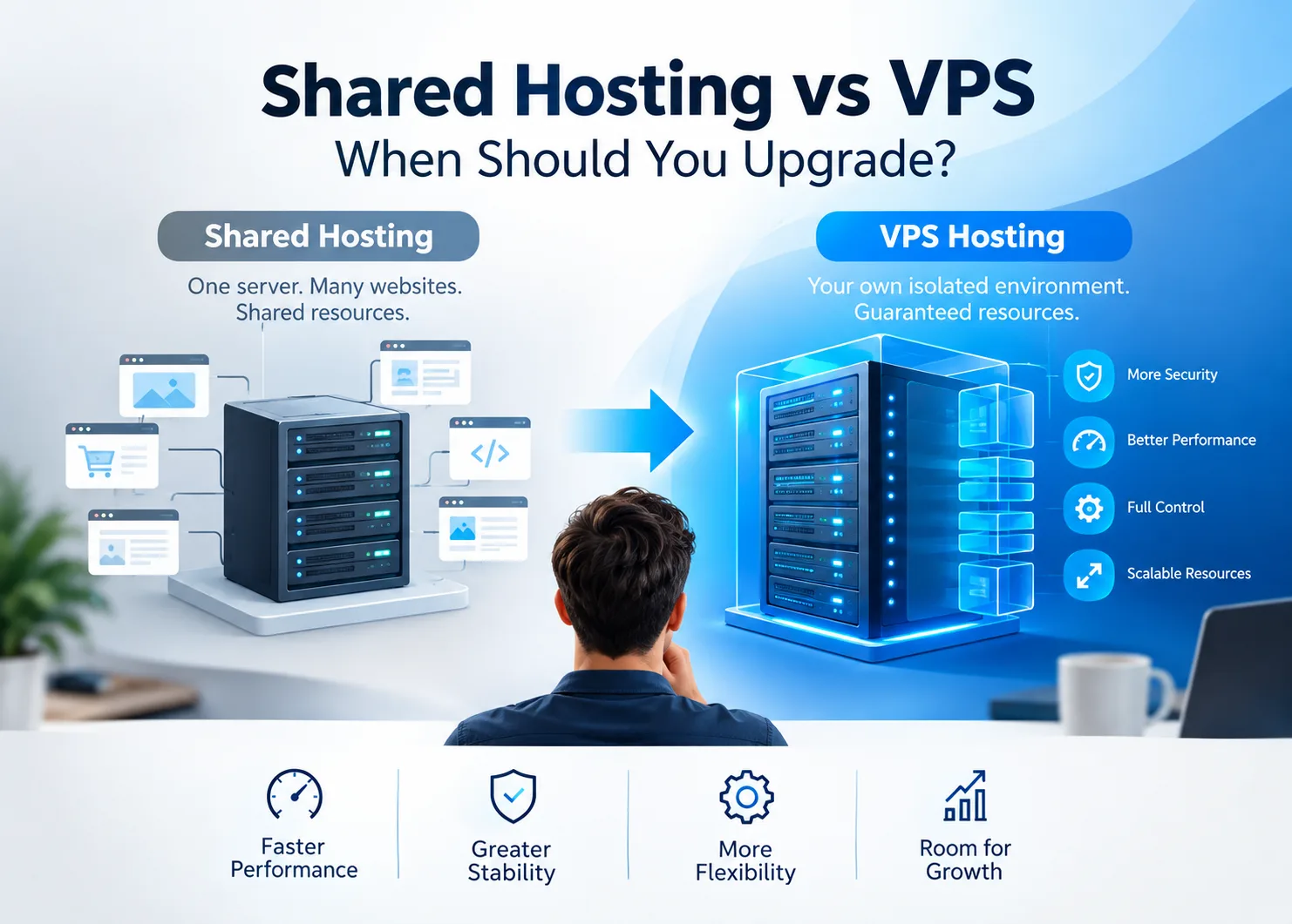 A professional comparison of shared hosting and VPS hosting, showing how VPS provides dedicated resources, improved website performance, stronger server isolation, greater customization, reliable uptime, and scalability for growing websites experiencing traffic increases, resource limitations, slow loading, or frequent downtime.